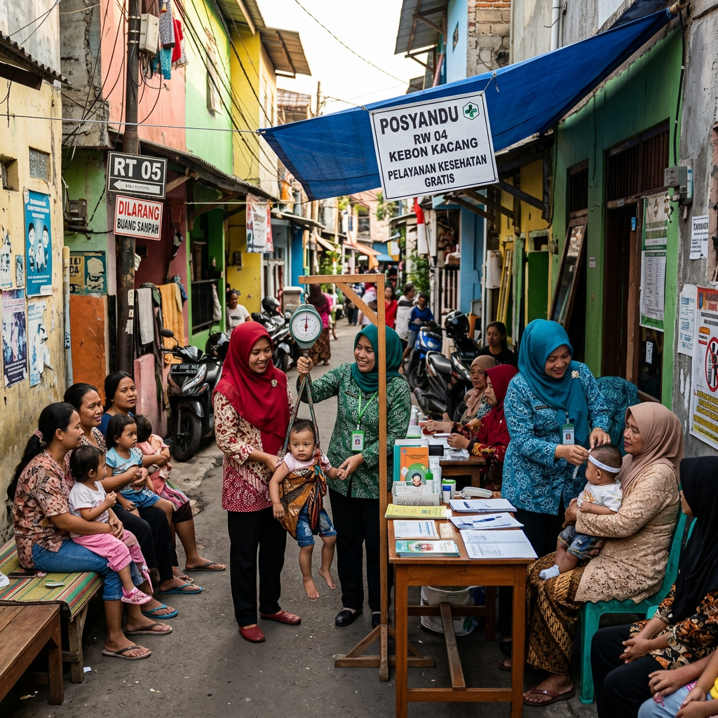 Healthcare workers weighing and checking children in a crowded neighborhood alley